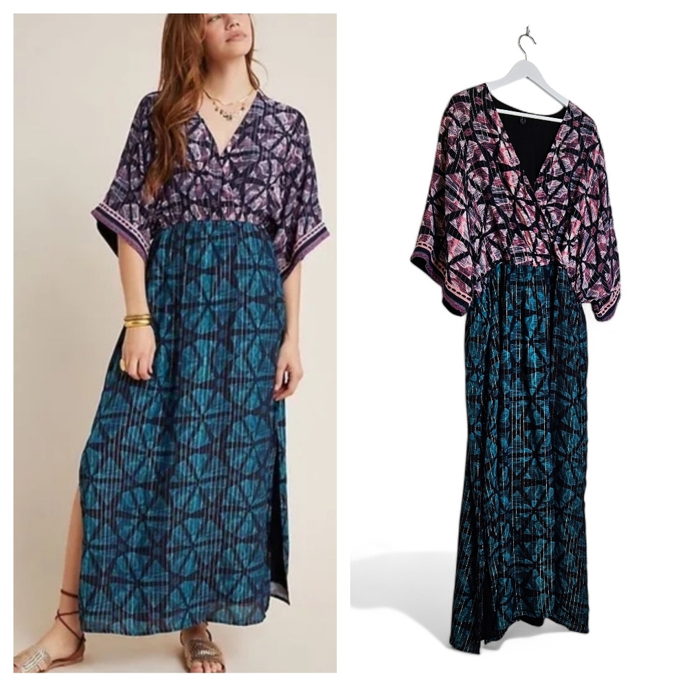 Boho V-Neck Maxi Dress in Pink and Teal